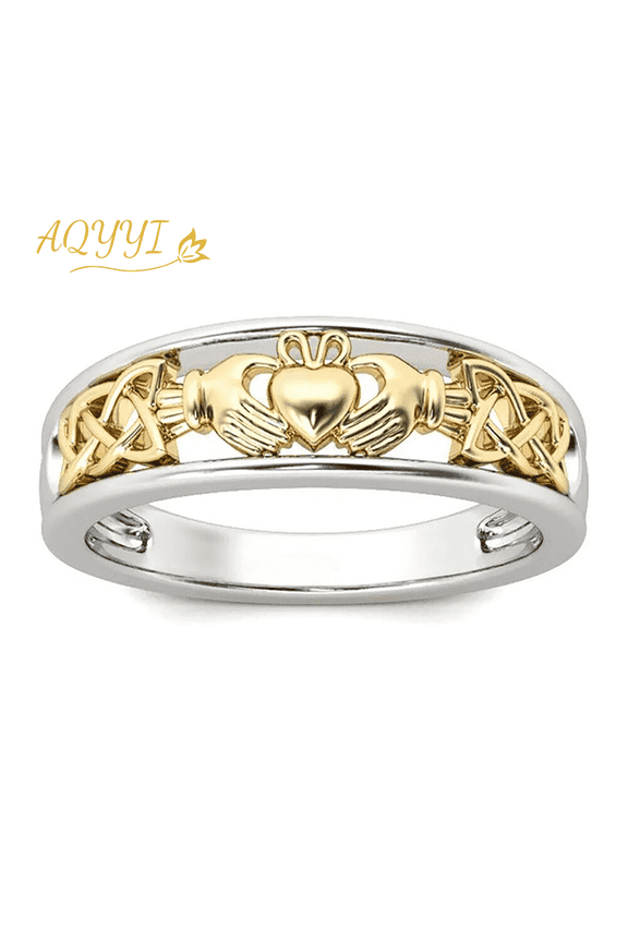 AQYYI Women's Two-Tone Silver Gold Plated Celtic Knot Band Ring, Traditional Irish Symbol Jewelry for Love Loyalty Friendship, Size 10