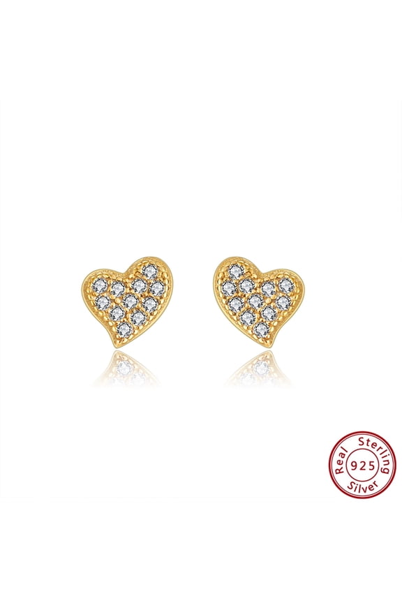 Heart Stud Earrings, 14K Gold-Plated 925 Sterling Silver with Cubic Zirconia, Hypoallergenic Studs for Women