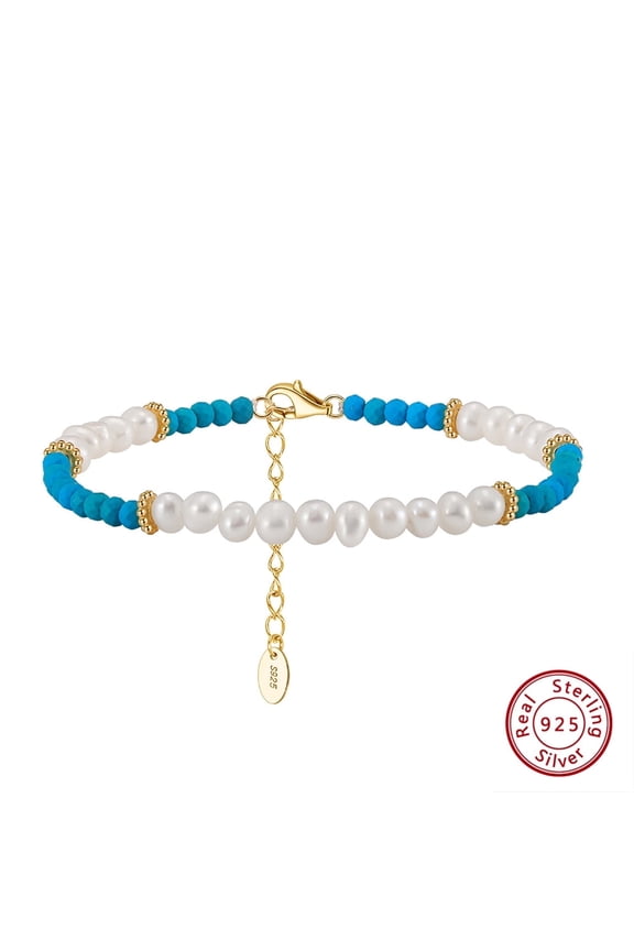 925 Sterling Silver Bohemian Bracelet, Natural Freshwater Pearls & Turquoise Beaded Bracelet for Women, Handcrafted Boho Jewelry Gift