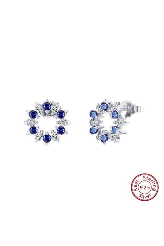 925 Sterling Silver Starfish Stud Earrings Xmas Wreath Earrings Holiday Earrings F-Color & Blue CZ Earrings