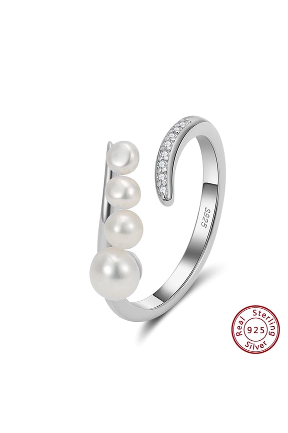 Pearl Rings for Women Dainty 925 Sterling Silver CZ Open Wrap Rings Fashion Statement Wedding Band Ring Mother's Day Birthday Summer Ocean Jewelry Gifts for Her