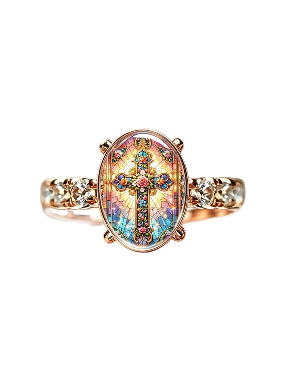 Vintage Cross Ring for Women Gold Tone Oval Stained Glass Dome Floral Rose Crystal Statement Church Jewelry Gift Christmas Valentine Size 6