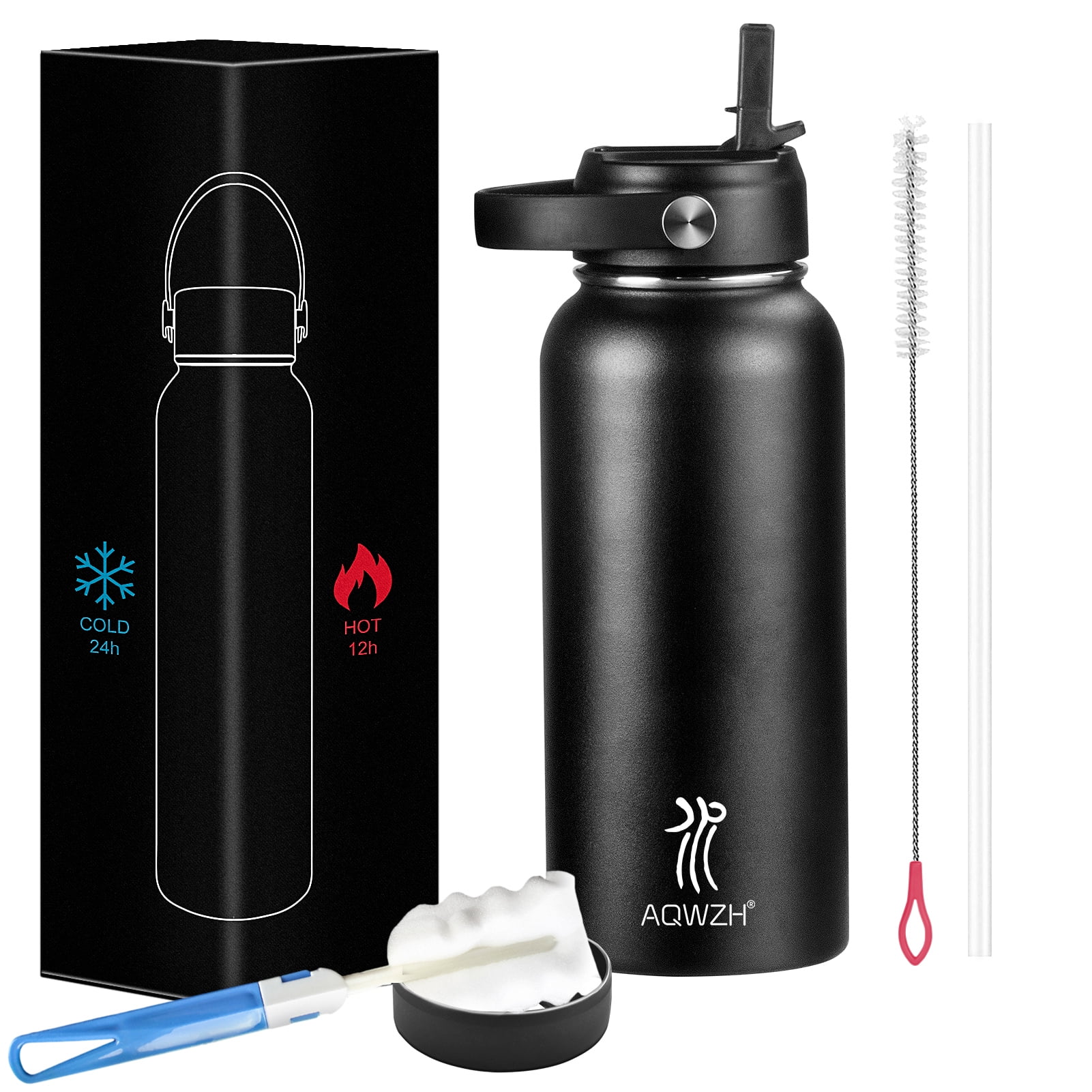 Aqwzh 20 oz Black Vacuum Insulated Stainless Steel Water Bottle with Wide Mouth and Straw Lid, Size: 3.9 inch x 3.9 inch x 11 inch