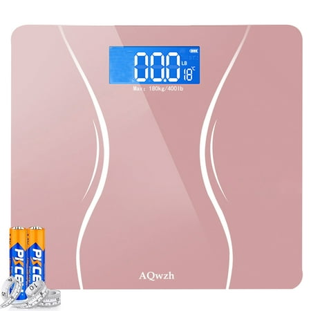AQwzh Bathroom Body Weight Scale with Step-On Technology, 396 lbs, Body Tape Measure Included, Pink