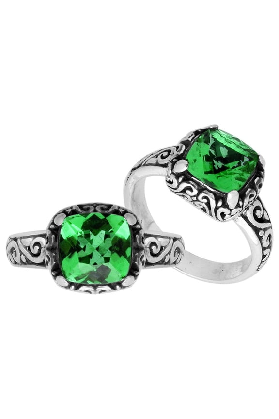 AR-6182-GQ-8" Sterling Silver Cushion Shape Ring With Green Quartz