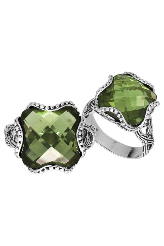 AR-6183-GAM-8'' Sterling Silver Cushion Shape Ring With Green Amethyst