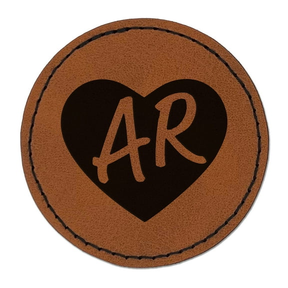 AR Arkansas State in Heart 2.5" Faux Leather Round Engraved Iron-On Patch - Brown