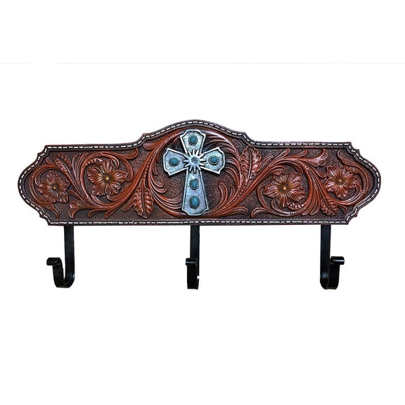 AR Country Store Faux Tooled Leather Flower & Cross Hooks - Wall Mount