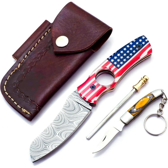 AR Damascus Knife- Custom Handmade Cigar Cutter - Cigar Accessories Pocket Folding Knifes For Outdoor Survival - Made of Wooden Handle & Damascus Steel