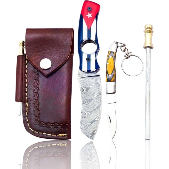 AR Damascus Knife- Custom Handmade Cigar Cutter - Cigar Accessories Pocket Folding Knifes For Outdoor Survival - Made of Wooden Handle & Damascus Steel