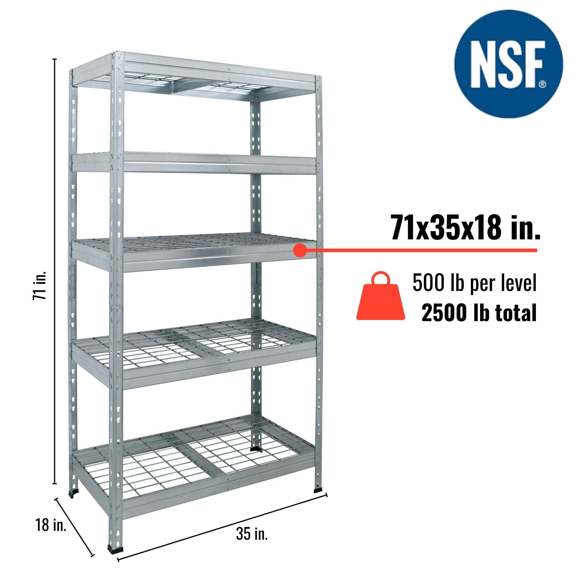 Galvanized 5-Tier Wire Shelving Unit 71x35x18 in for Garage and Kitchen