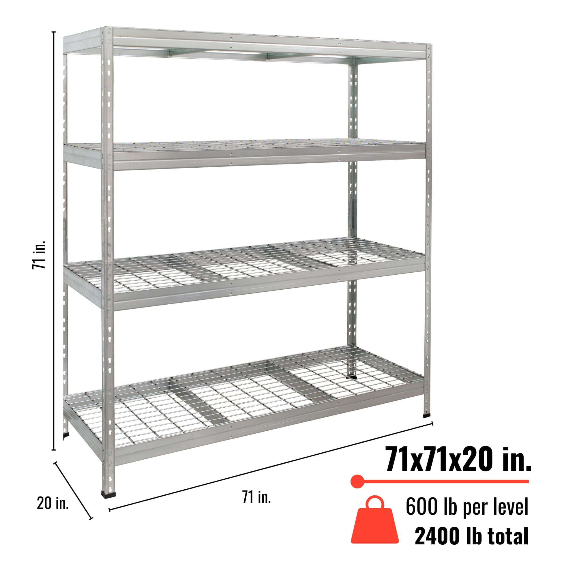 AR Shelving Heavy Duty 71"H x 71"W x 20"D in. Galvanized 4Tier 2,400