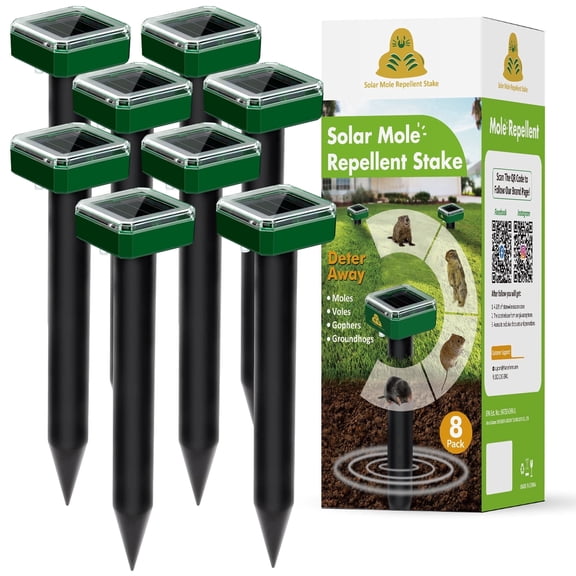 AR08 Mole Repellent Solar Powered 8 Pack, Waterproof Sonic Mole Deterrent, Rodent Gopher Repellent for Lawn, Garden & Yard, Groundhog Repeller