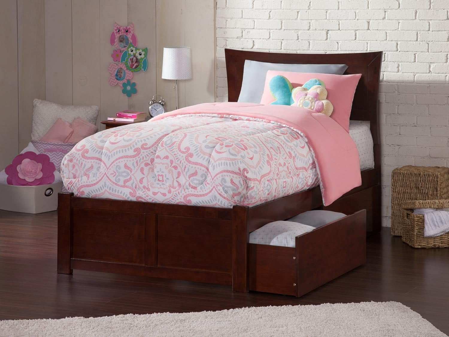 Walnut Twin XL Platform Bed with Storage Drawers and Headboard