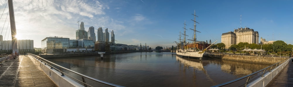 ARA Presidente Sarmiento ship in river seen from Puente De La Mujer Puerto Madero Buenos Aires Argentina Canvas Art - Panoramic Images (27 x 9)