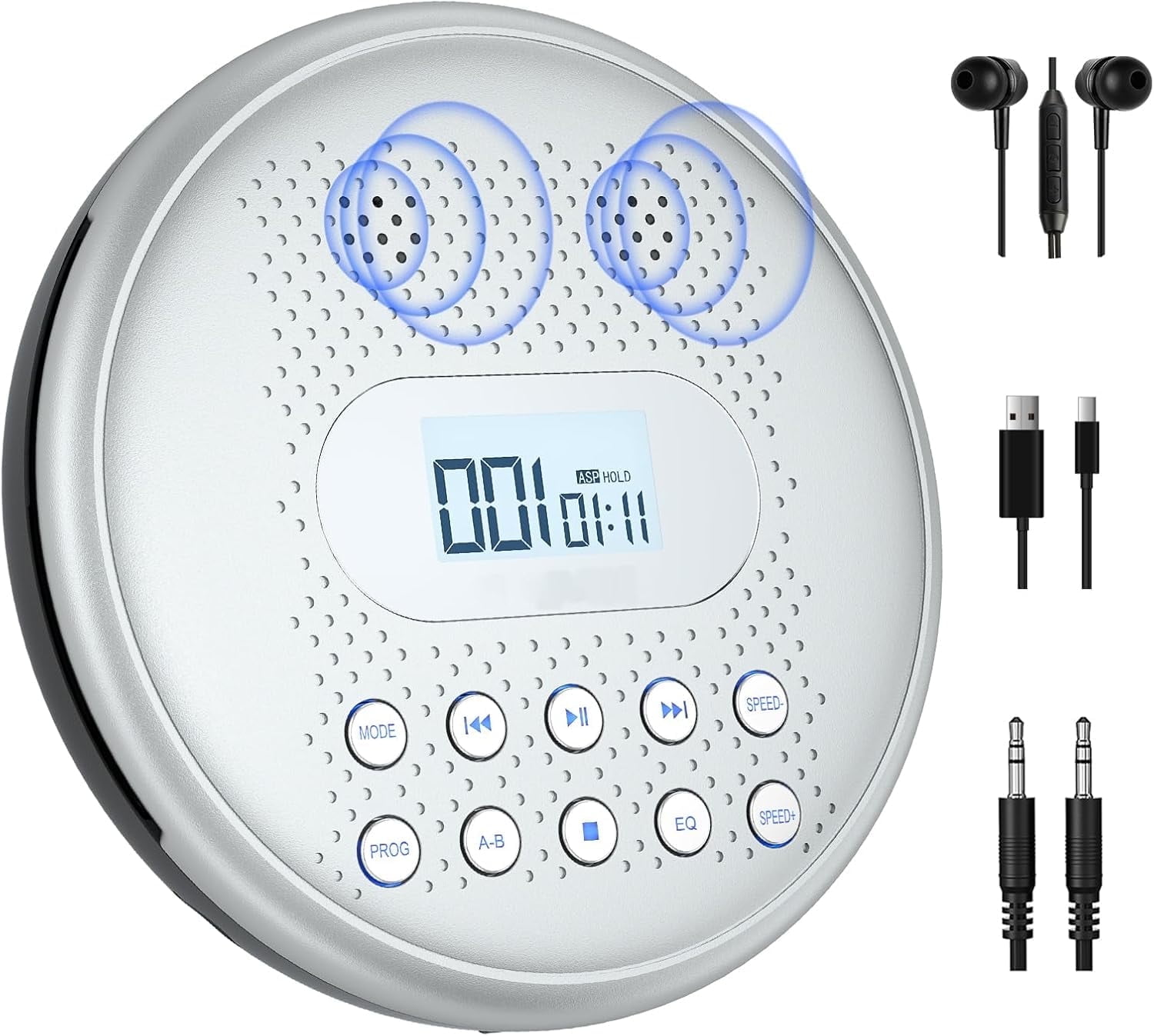 ARAFUNA CD Player Portable, Rechargeable Portable CD Players for Car with Speakers, Anti-Skip Small CD Player with Backlit Button, LCD Display and AUX Cable
