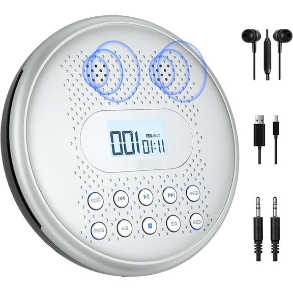 ARAFUNA CD Player Portable, Rechargeable Portable CD Players for Car with Speakers, Anti-Skip Small CD Player with Backlit Button, LCD Display and AUX Cable
