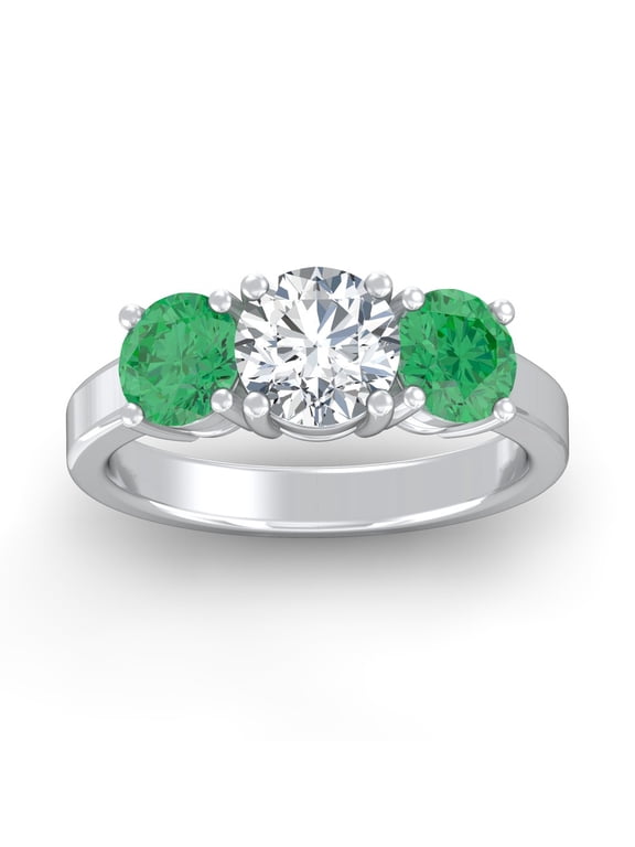 FINE JEWELRY 1 1/2 CT. T.W Round Shape Lab Grown Diamond and Natural Emerlad Three-Stone Engagement Ring | 925 Sterling Silver Anniversary Ring Size 6