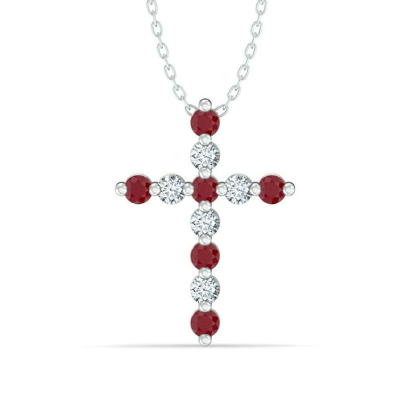 ARAIYA FINE JEWELRY 1/4 CT. T.W. Ruby and Lab Grown Diamond Cross Pendant with Silver Cabal Chain Necklace 18"