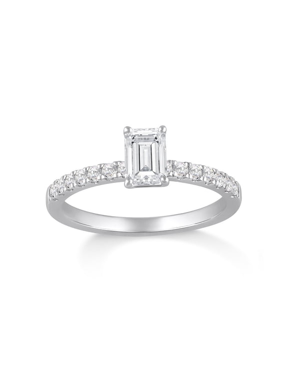 FINE JEWELRY 1 CT.T.W Lab Grown Emerald and Round shape Diamond Solitaire Engagement Ring | 10K White Gold Wedding Anniversary Band Ring Size 5 for Women | E-F Color and VS Clarity