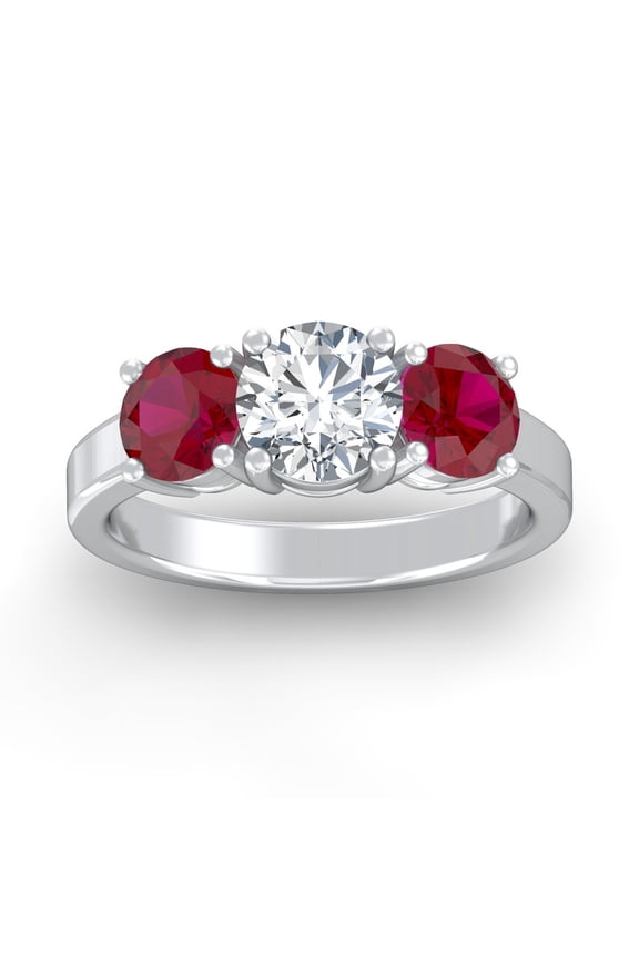FINE JEWELRY 1 CT. T.W Round Shape Lab Grown Diamond and Natural Ruby Three-Stone Engagement Ring | 925 Sterling Silver Anniversary Ring Size 7