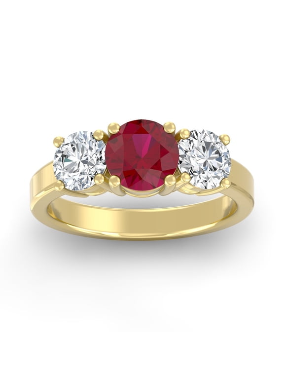 FINE JEWELRY 1 CT. T.W Round Shape Lab Grown Diamond and Natural Ruby Three-Stone Engagement Ring | 14K Yellow Gold Anniversary Ring Size 9