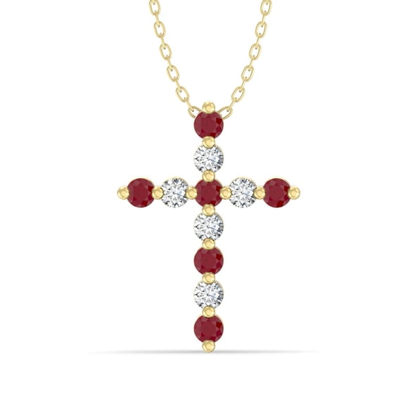 ARAIYA FINE JEWELRY 1 CT. T.W. Ruby and Lab Grown Diamond Cross Pendant with Gold plated Silver Cabal Chain Necklace 18"