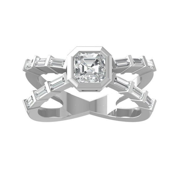 ARAIYA FINE JEWELRY 10K White Gold Baguette and Asscher-shape Lab Grown Diamond Halo Engagement Cross Ring (1 5/8 cttw, VS Clarity, D-E Color) Size 8