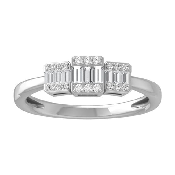 ARAIYA FINE JEWELRY 10K White Gold Baguette and Round Diamond Cluster Engagement Ring (1/4 cttw, I2-I3 Clarity, I-J Color) Size 5.5