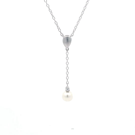 ARAIYA FINE JEWELRY 10K White Gold Diamond and Dangle Pearl Pendant with Silver Cable Chain Necklace (1/20 cttw, I2-I3 Clarity, I-J Color) 18inch | Metal Weight :1.67 gram