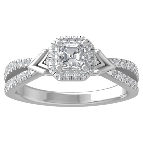 ARAIYA FINE JEWELRY 10K White Gold Round and Asscher-shape Diamond Halo Engagement Ring (3/4 cttw, I-J Color, I2-I3 Clarity) Size 5