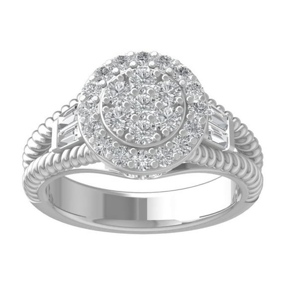 ARAIYA FINE JEWELRY 10K White Gold Round and Baguette shape Diamond Engagement Ring (1 cttw, I2-I3 Clarity, I-J Color) Size 9.5