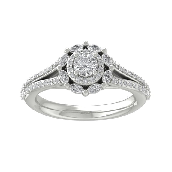 ARAIYA FINE JEWELRY 10K White Gold Round and Marquise shape Lab Grown Diamond Halo Engagement Ring (7/8 cttw, VS Clarity, D-E Color) Size 6