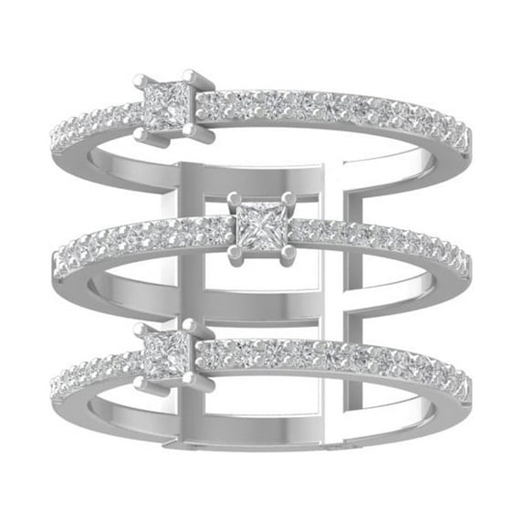 ARAIYA FINE JEWELRY 10K White Gold Round and Princess shape Lab Grown Diamond Three Row Engagement Ring (3/4 cttw, VS Clarity, D-E Color) Size 6