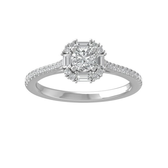 ARAIYA FINE JEWELRY 10K White Gold Round and baguette shape Diamond Engagement Ring (3/4 cttw, I2-I3 Clarity, I-J Color) Size 8