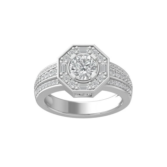 ARAIYA FINE JEWELRY 10K White Gold Round and baguette shape Lab Grown Diamond Engagement Ring (1 1/2 cttw, VS Clarity, D-F Color) Size 10