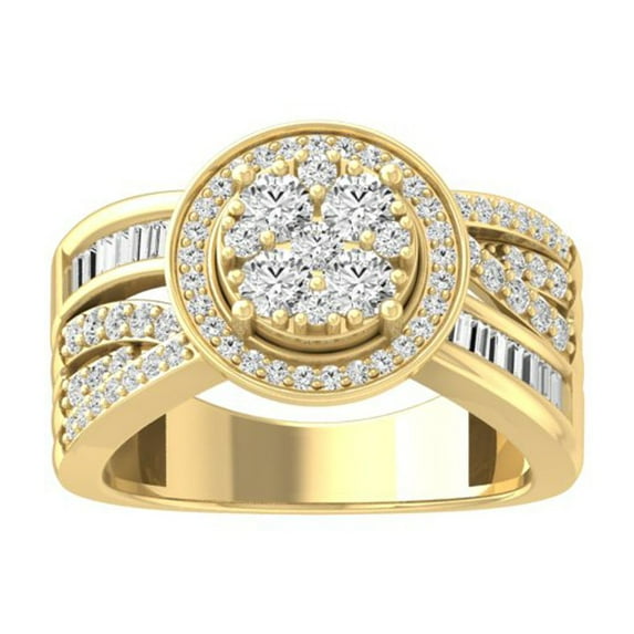 ARAIYA FINE JEWELRY 10K Yellow Gold Baguette and Round Diamond Cluster Engagement Ring (1 cttw, I2-I3 Clarity, I-J Color) Size 6.5