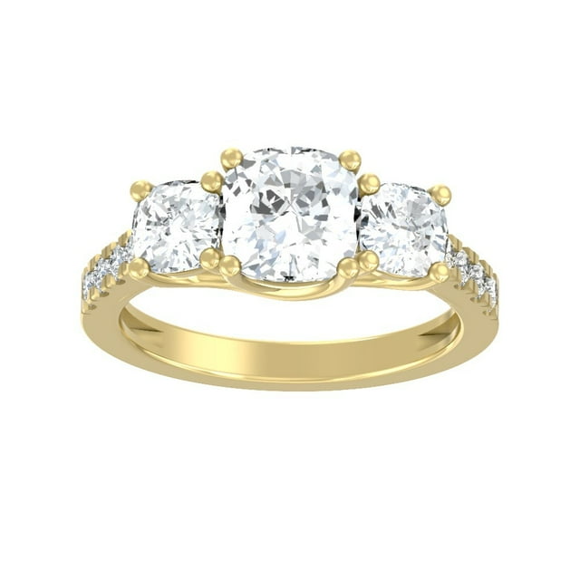 ARAIYA FINE JEWELRY 10K Yellow Gold Cushion Cut and Round Shape Lab Grown Diamond Prong-Set Three Stone Ring Size 6 (1 1/2 cttw, D-F Color, VS Clarity)