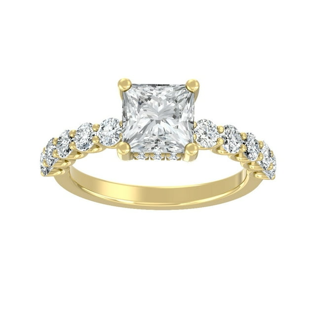 ARAIYA FINE JEWELRY 10K Yellow Gold Princess and Round Shape Lab Grown Diamond Prong-Set Engagement Ring Size 7 (1 1/2 cttw, D-F Color, VS Clarity)
