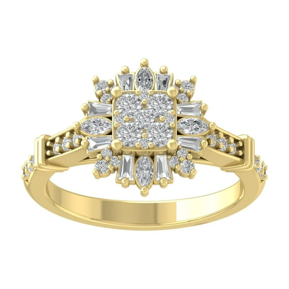 ARAIYA FINE JEWELRY 10K Yellow Gold Round Baguette and Marquise Lab Grown Diamond Halo Ring (3/4 cttw, D-F Color, VS Clarity), Size 10