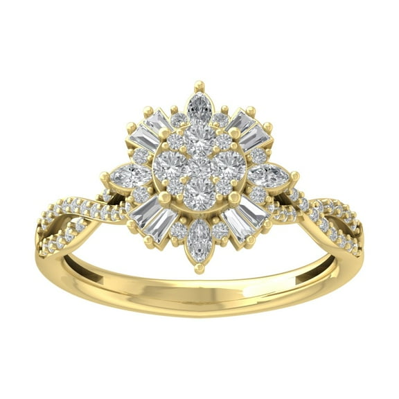 ARAIYA FINE JEWELRY 10K Yellow Gold Round Baguette and Marquise Lab Grown Diamond Halo Ring (3/4 cttw, D-F Color, VS Clarity), Size 7