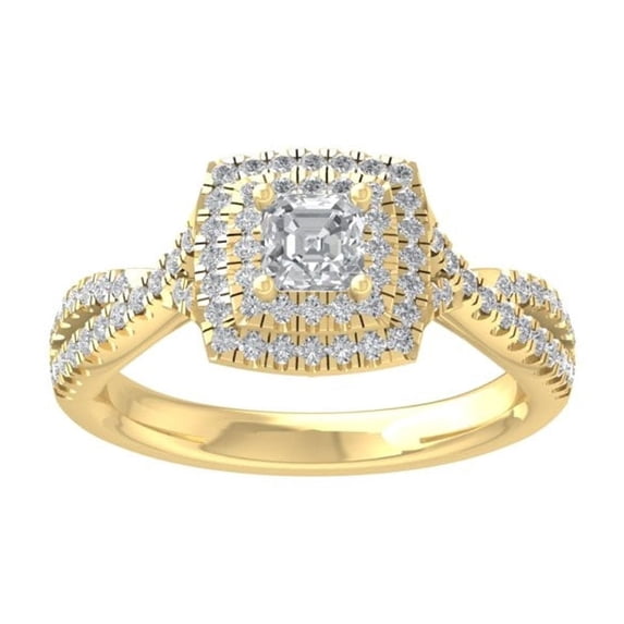 ARAIYA FINE JEWELRY 10K Yellow Gold Round and asscher shape Diamond Halo Engagement Ring (7/8 cttw, I-J Color, I2-I3 Clarity) Size 9.5