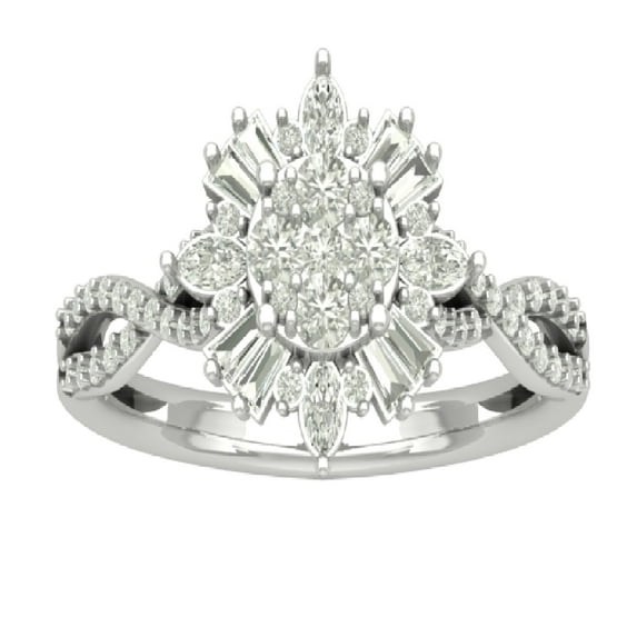 ARAIYA FINE JEWELRY 14K White Gold Round Baguette and Marquise Lab Grown Diamond Halo Ring (3/4 cttw, D-F Color, VS Clarity), Size 7