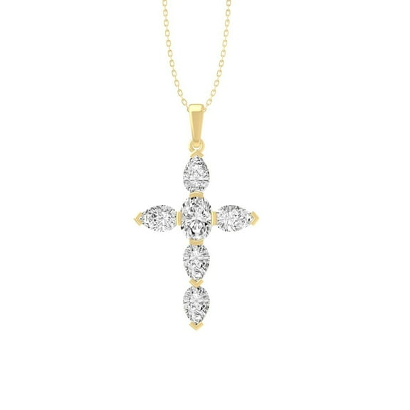 ARAIYA FINE JEWELRY 14K Yellow Gold Oval and Pear-Shape Lab-Grown Diamond Cross Pendant&nbsp;with Silver Yellow Plating Cable Chain Necklace (1 3/4 cttw, D-F Color, VS1 Clarity)18"