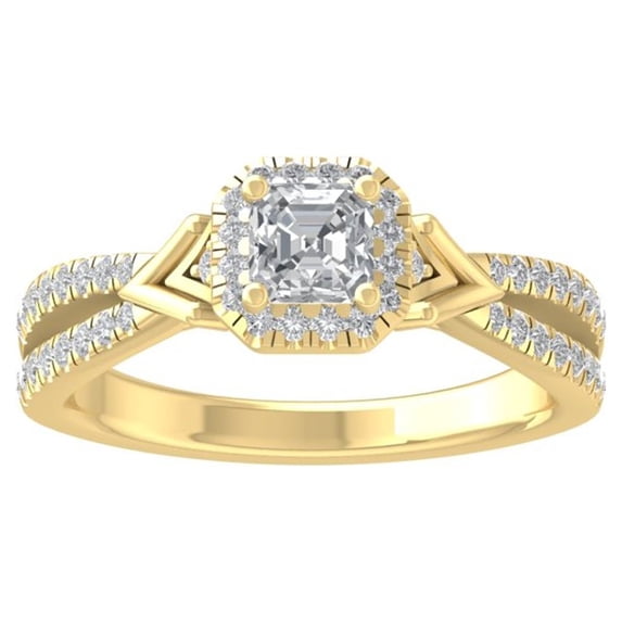 ARAIYA FINE JEWELRY 14K Yellow Gold Round and Asscher-shape Diamond Halo Engagement Ring (3/4 cttw, I-J Color, I2-I3 Clarity) Size 6