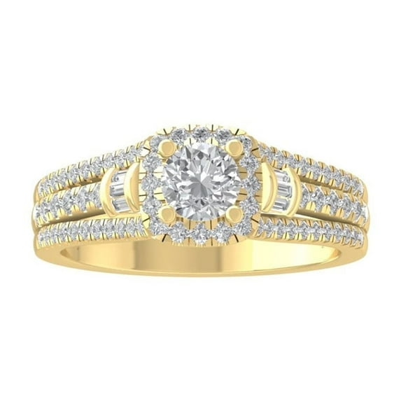 ARAIYA FINE JEWELRY 14K Yellow Gold Round and baguette-shape Diamond Halo Engagement Ring (1 cttw, I-J Color, I2-I3 Clarity) Size 7.5