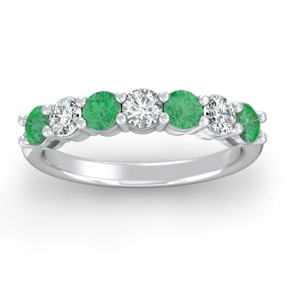 ARAIYA FINE JEWELRY 3/4 CT. T.W. Lab Round Lab Grown Diamond and Natural Emerlad Seven Stone Anniversary Band Ring for Women | 14K White Gold Wedding Engagement Band Ring Size 7.5