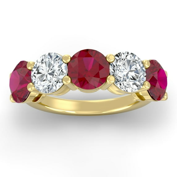 ARAIYA FINE JEWELRY 4 1/2 CT. T.W Round Shape Lab Grown Diamond and Natural Ruby Five Stone Anniversary Band Ring | 14K Yellow Gold Five Stone Wedding Band Ring Size 6
