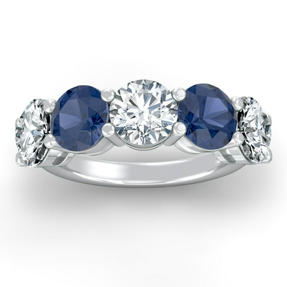 ARAIYA FINE JEWELRY 6 CT.T.W. Round Shape Lab Grown Diamond and Natural Blue Sapphrie Five Stone Anniversary Band Ring | 14K White Gold Five Stone Wedding Band Ring Size 5.5