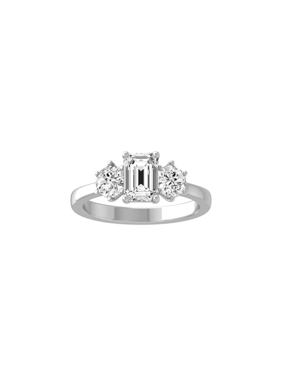 FINE JEWELRY Sterling Silver Lab-Grown Emerald-shape Diamond Three Stone Engagement Ring (2 Cttw, D-F Color, VS1 Clarity) Size 8